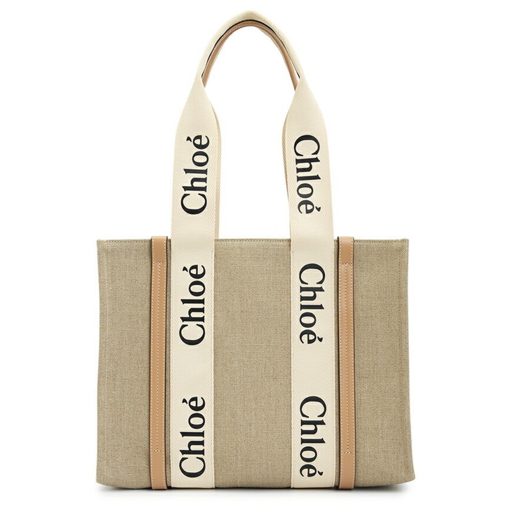 Chloe Woody tote bag linen blend brown calfskin trim